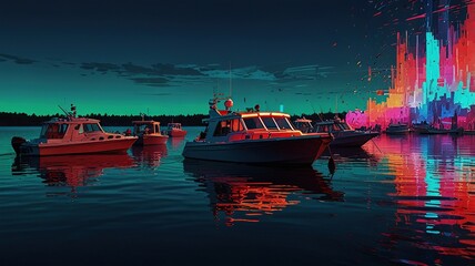 There are several boats on a lake at night. The boats are red and white with bright lights reflecting on the dark water. There is an orange and blue light in the background.