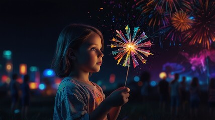 A young girl is holding a sparkler and watching fireworks in the night sky.