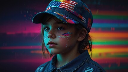 A young girl is wearing a baseball cap with an American flag pattern and has her face painted with the American flag. She is standing in front of a colorful background.