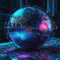 A glowing blue and pink globe sits on a surface with a circuit board pattern.