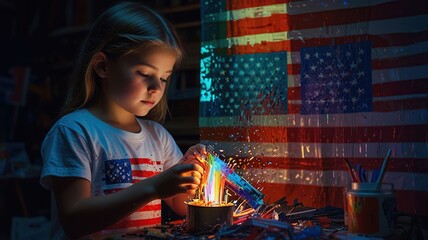 A young girl is sitting at a table, holding a lit sparkler. There is an American flag hanging behind her.