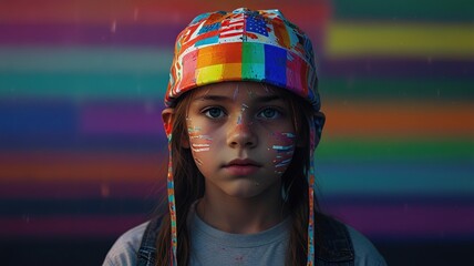 A young person is wearing a rainbow-colored hard hat and face paint with an American flag design. They are standing in front of a rainbow-colored background.