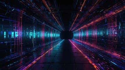 The image is of a dark tunnel with bright blue and pink lights on either side.