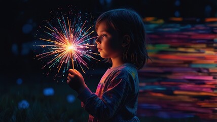 A young girl is holding a firework in her hand. It is dark outside and the firework is lit, creating a colorful blur of light in the background.