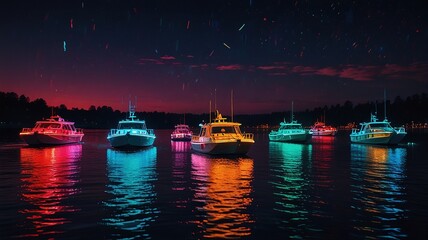 There are seven boats on a lake at night. The boats are lit up with different colored lights, and the water reflects the colors. The sky is dark, and there are stars in the sky.