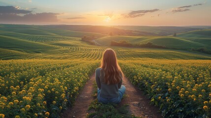 Fototapeta premium A woman sits on a hilltop overlooking a vast field of yellow flowers as the sun sets in the distance.
