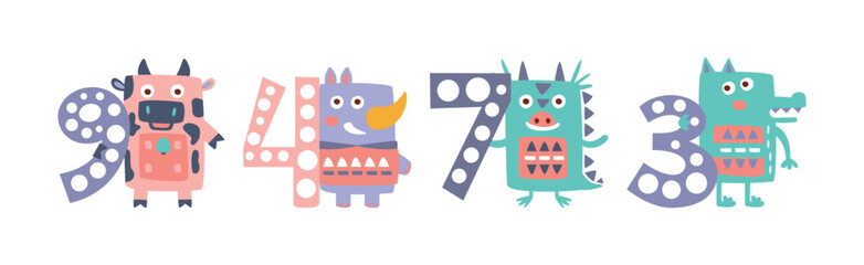 Cute Baby Animal and Educational Number Figure Vector Set