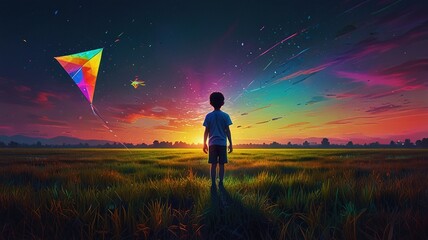 A boy is flying a kite in a field at sunset. The kite is high in the air and the boy is holding the string. The sky is a bright orange and yellow color and there are some clouds in the sky. The boy is