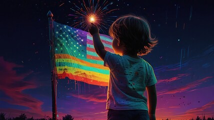 A young boy is holding an American flag that has rainbow colors in the stripes. He is looking up at the flag in wonder as it billows in the wind.