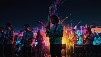 A group of people are playing music in a dark place. The image is colorful and looks like a concert.