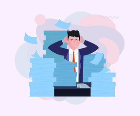 Office worker overwhelmed with paperwork. Employee surrounded by stacks of papers flat vector illustration. Documents, overwork, workload concept for banner, website design or landing page