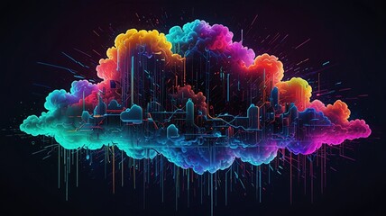 This is a digital painting of a city inside a rainbow-colored cloud.