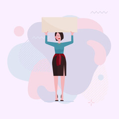 Obraz premium Pretty woman standing with placard. Activist, protester, picket flat vector illustration. Activism, crisis, conflict, protest concept for banner, website design or landing page