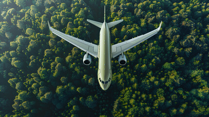 Naklejka premium Sustainable aviation fuel concept of flight running on biofuel green energy. A light green plane flies over the forest