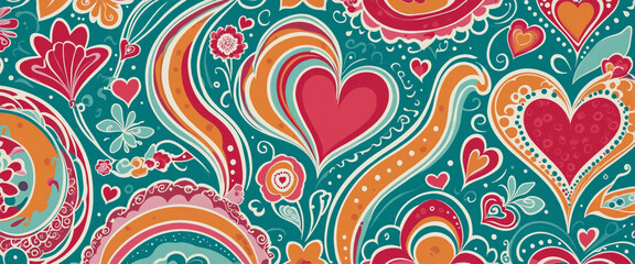 Collection of groovy seamless patterns inspired by 60s and 70s psychedelic art, featuring retro colours, heart shapes, and romantic text quotes for Valentine's Day