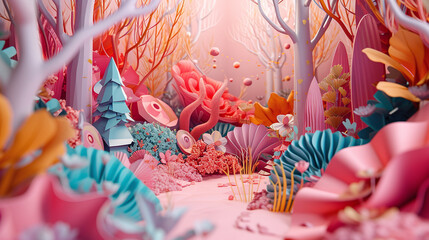 Fototapeta premium 紙で作られた夢の中のファンタジー森