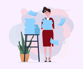 Tired woman carrying stacks of papers. Office employee, accountant, reports flat vector illustration. Documents, overwork, workload concept for banner, website design or landing page