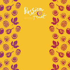 Tropical banner template with hand drawn granadilla frame. Passion fruit seamless pattern. Vector passion fruit background. Exotic fruits.