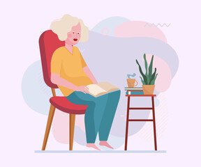 Woman with open book sitting on chair. Reading, female book reader, hot drink flat vector illustration. Leisure, hobby, novel concept for banner, website design or landing page