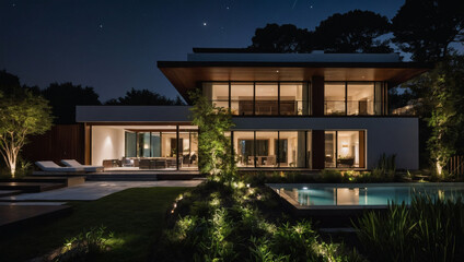 Nighttime view of contemporary house and garden.