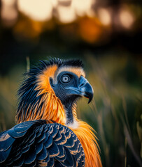 Fototapeta premium Giant bird of prey with orange and black plumage in a field