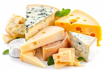 Assorted cheese varieties neatly stacked on white background for culinary presentations