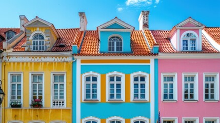 Obraz premium Colorful European house facades, bright pastel colors in Europe, Generative AI
