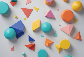 Colorful geometric composition in a three-dimensional abstract render, featuring a harmonious balance of white, yellow, blue, purple, and graphic elements set against a minimalist background design