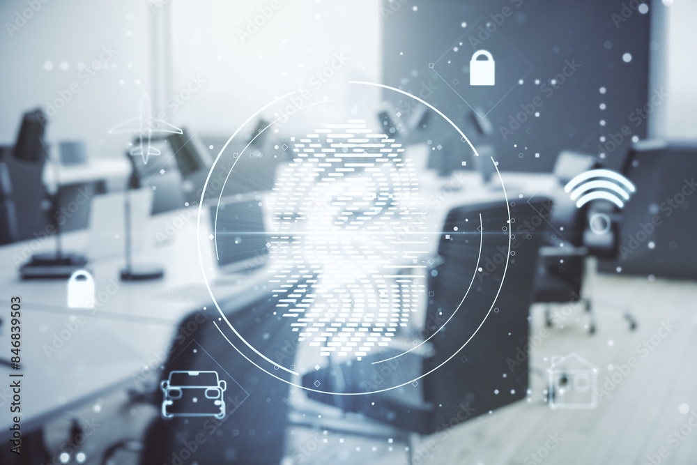 Poster multi exposure of virtual fingerprint scan interface on a modern furnished office interior backgroun