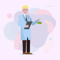 Young male scientists with flask and tablet. Man in eyeglasses and white coat in chemical lab flat vector illustration. Science, study concept for banner, website design or landing page