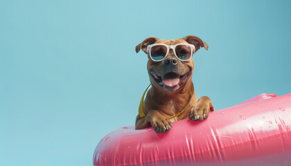 Playful Dog with Sunglasses and Inflatable Ring Enjoying Summer Vibes on Soft Blue Background