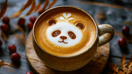 A cup of coffee with the latte foam in the shape of a cute Panda 