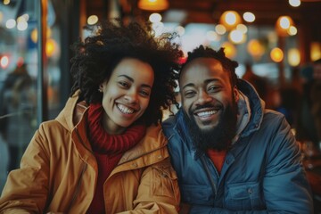 Portrait of a cheerful multiethnic couple in their 40s wearing a functional windbreaker isolated on bustling restaurant background