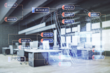 Multi exposure of abstract graphic coding sketch and world map on a modern furnished classroom background, big data and networking concept