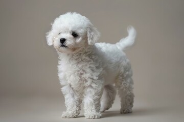 Cute small white puppy standing against a smooth beige backdrop, looking playful