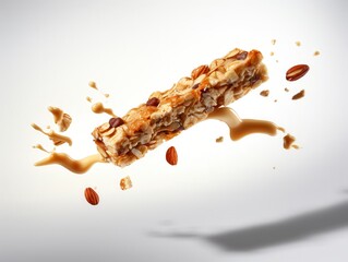 Close-up of a nutty granola bar with almonds and honey splashes on a white background. A healthy snack captured in mid-air.