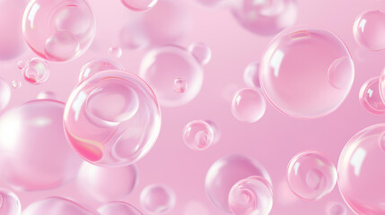 Collagen gel with bubbles drops, Anti aging moisturizing skincare product 3d objects on pink background