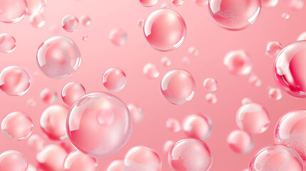 Collagen gel with bubbles drops, Anti aging moisturizing skincare product 3d objects on pink background