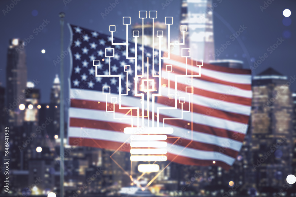 Poster double exposure of virtual creative light bulb hologram with chip on usa flag and blurry skyscrapers