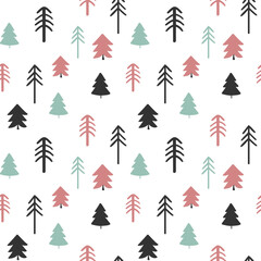 Monochrome seamless pattern with simple pine trees. Scandinavian background.
