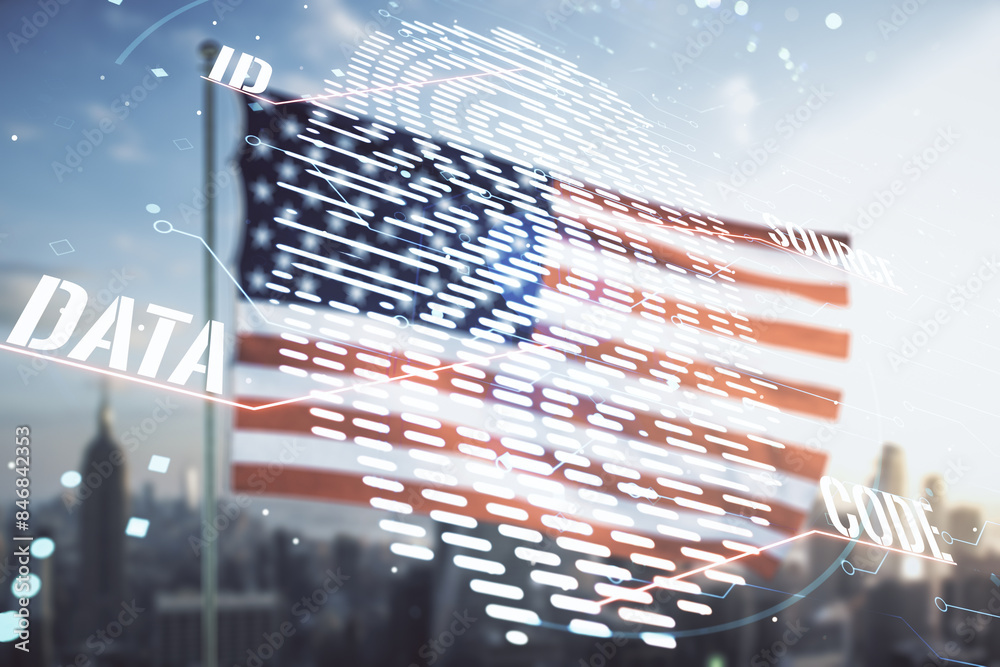 Aufkleber Multi exposure of virtual fingerprint scan interface on US flag and city background, digital access concept