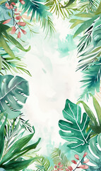 Watercolor frame with tropical jungle leaves. Watercolor summertime background. Vector aloha illustration