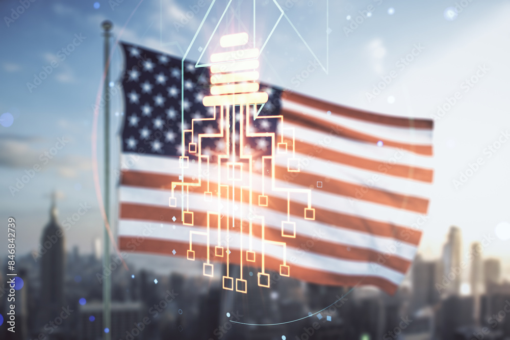 Poster double exposure of virtual creative light bulb hologram with chip on usa flag and blurry skyscrapers