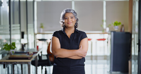Indian Asian older aged adult boss ceo woman lady agent cross arms look cam do pose head shot video...