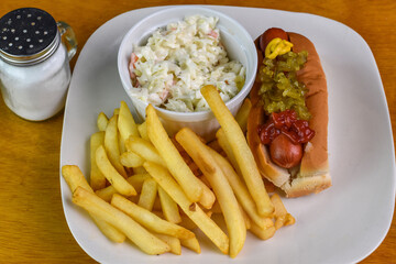 hot dog with cole slaw and fries