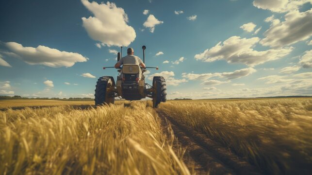 A farmer rides a mini tractor through a field in summer, back view, copy space.
