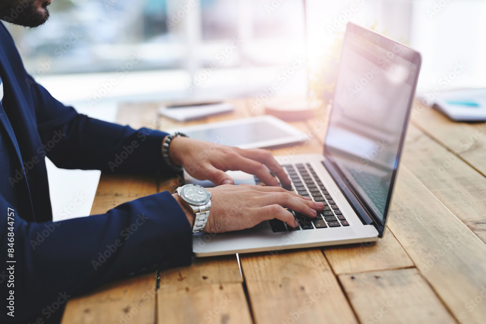 Poster man, hands and laptop with typing in office at desk for crypto, trading on stock market with financi