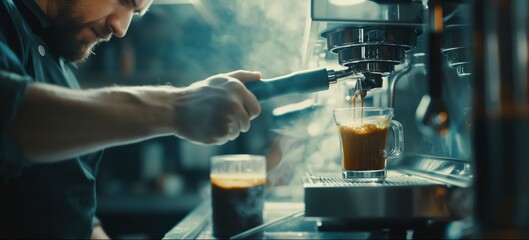 Close-up of a barista's hand as they operate an espresso machine, pulling a rich shot of coffee