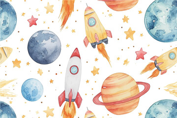 Seamless pattern spaceship. Planets, rockets and stars. Cartoon spaceship icons. Kid's elements watercolor. Childish background. Flat style hand drawn vector illustration.