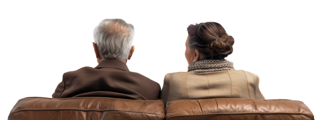 Rear view of an elderly couple, probably watching TV, shared moment of quiet intimacy on a leather sofa, a tableau of timeless companionship. Transparent png, add your own background.